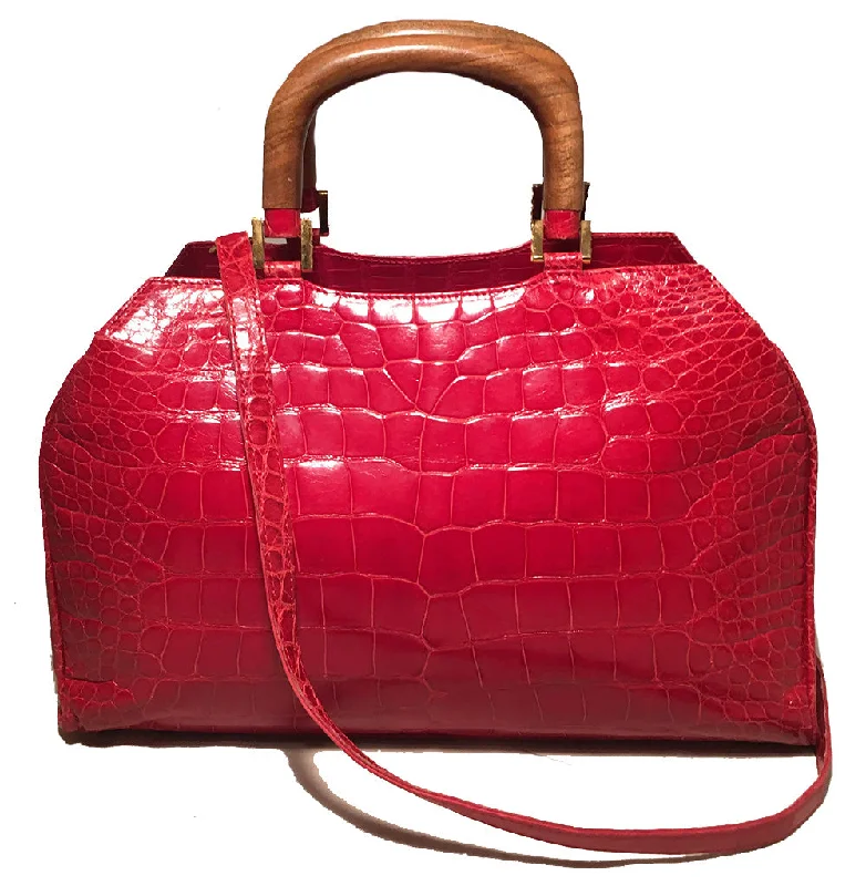 Lana Marks Red Crocodile Wood Handle Handbag