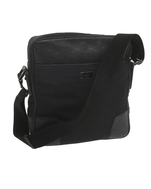 Black Nylon and Leather Shoulder Bag with Adjustable Strap