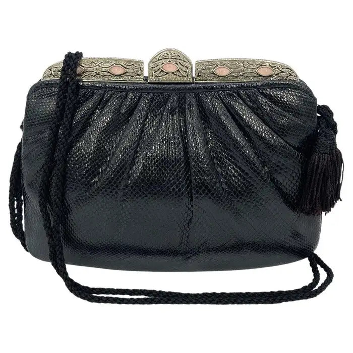 Judith Leiber Black Lizard Antique Silver Crystal Rose Quartz Shoulder Bag