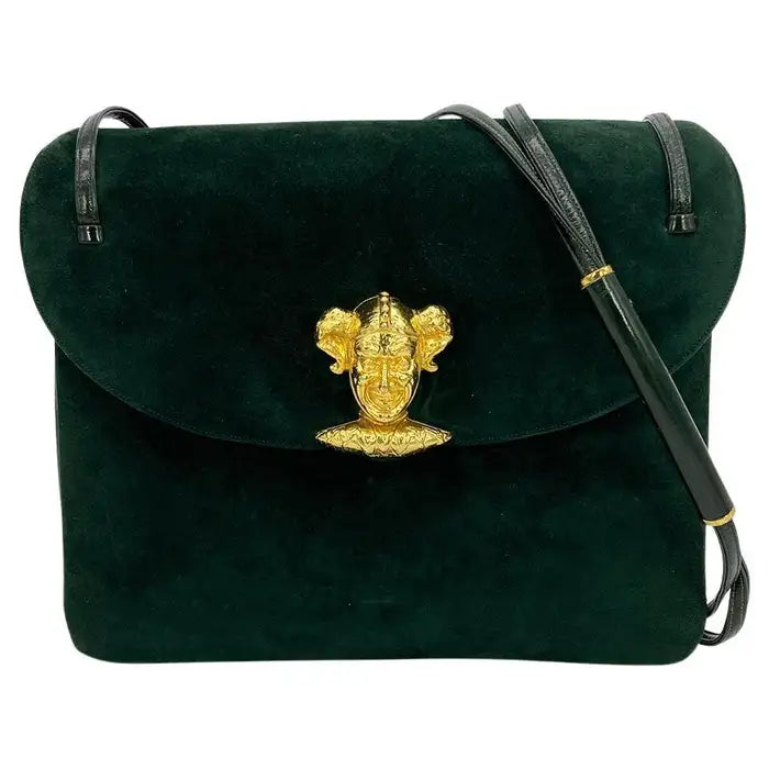 Judith Leiber Green Suede Gold Clown Shoulder Bag