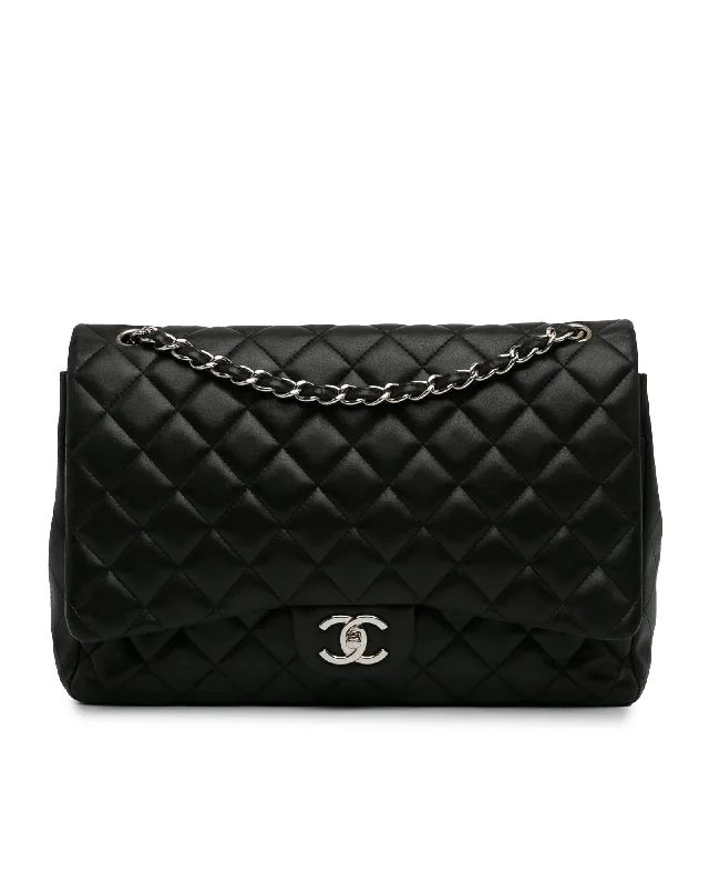 Maxi Classic Lambskin Double Flap Shoulder Bag with Quilted Leather and Chain Straps