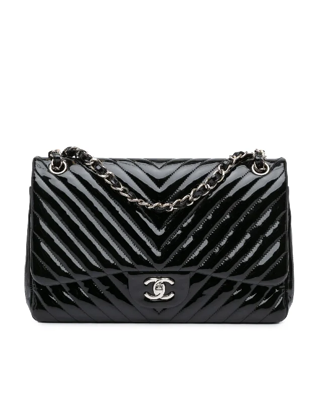 Jumbo Classic Chevron Patent Double Flap Shoulder Bag with Chain Strap and Twist Lock Closure