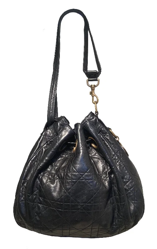 Christian Dior Black Leather Cannage Drawstring Shoulder Bag