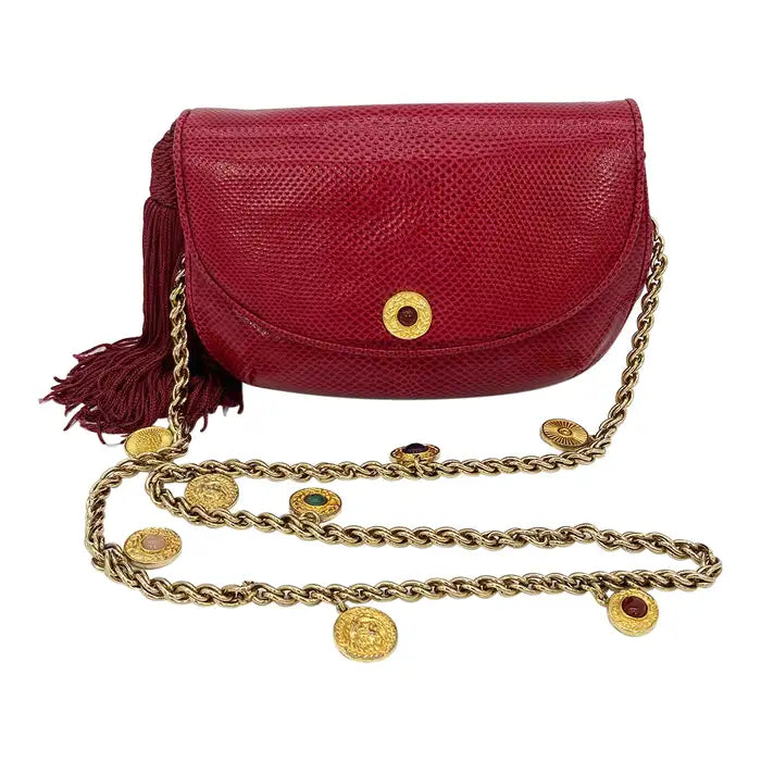 Judith Leiber Red Lizard Tassel Charm Strap Clutch Shoulder Bag