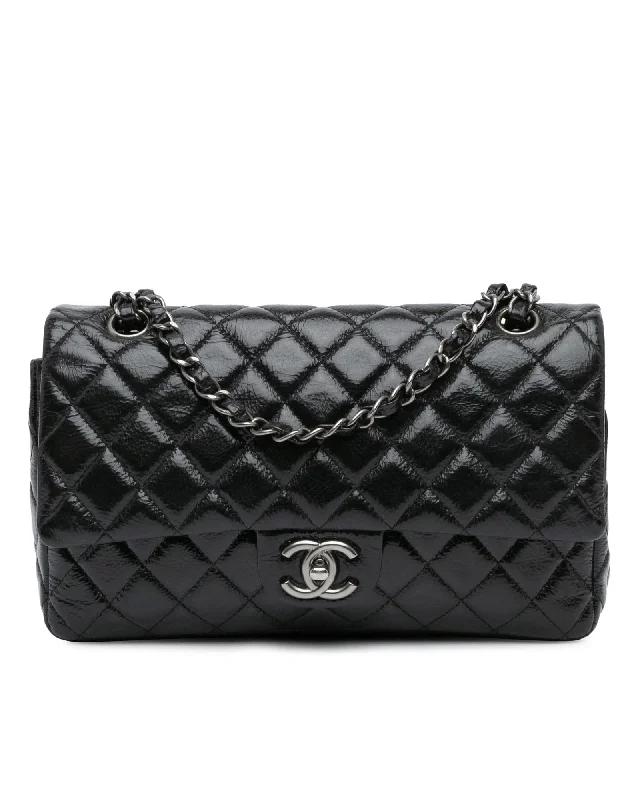 Medium Classic Distressed Patent Double Flap Shoulder Bag with Quilted Leather and Chain Straps