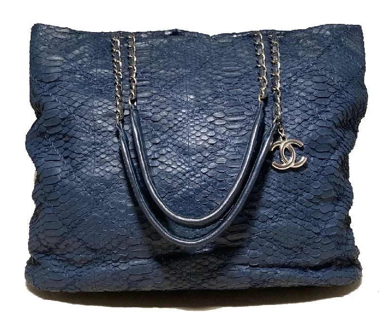 Chanel Navy Blue Quilted Matte Snakeskin Tote