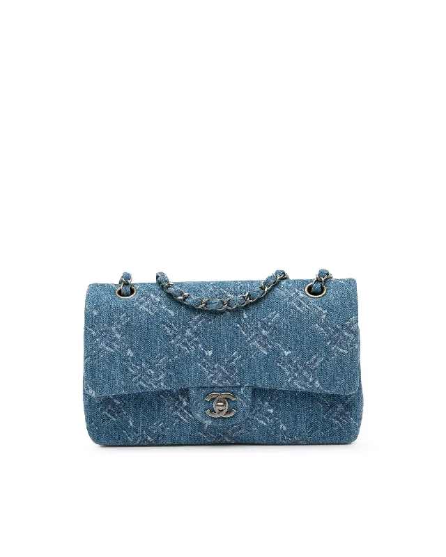 Classic Printed Denim Double Flap Bag with Chain Strap