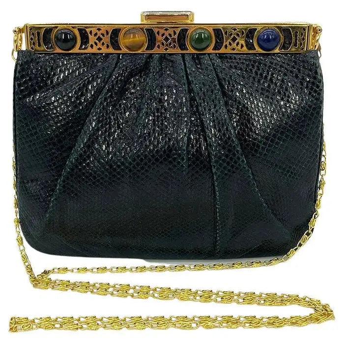 Judith Leiber Navy Blue Lizard Gemstone Top Shoulder Bag