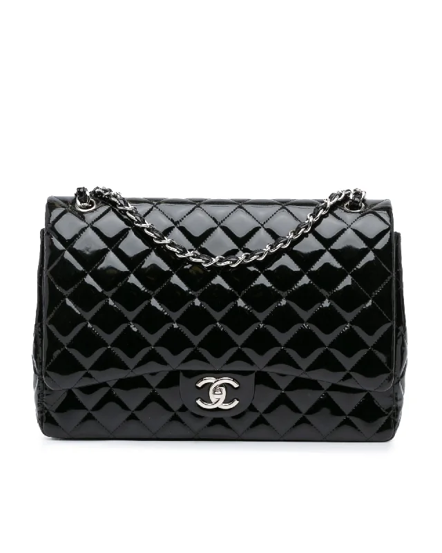 Maxi Classic Quilted Patent Leather Double Flap Shoulder Bag