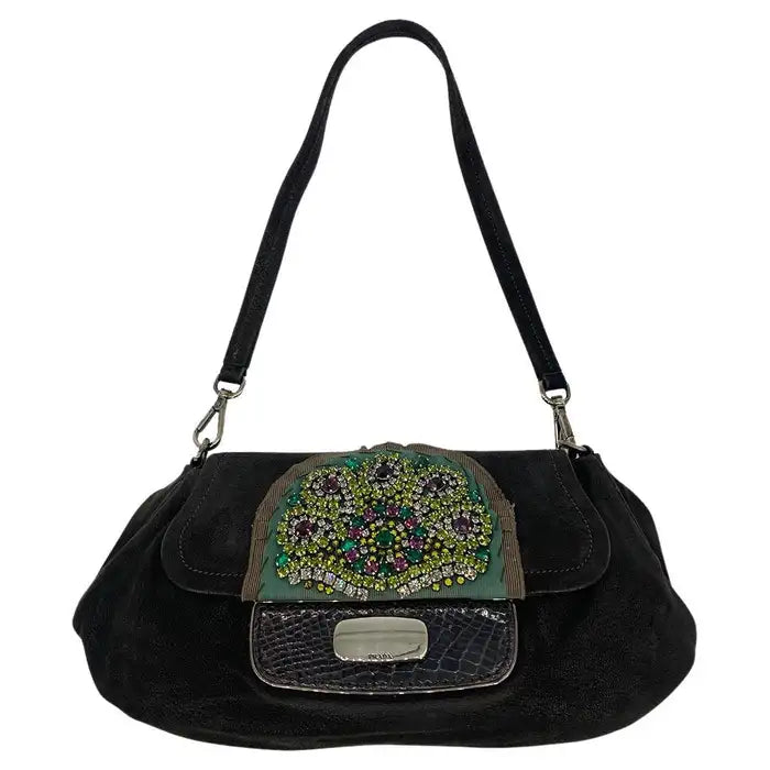 Prada Black Suede Rhinestone Alligator Flap Shoulder Bag