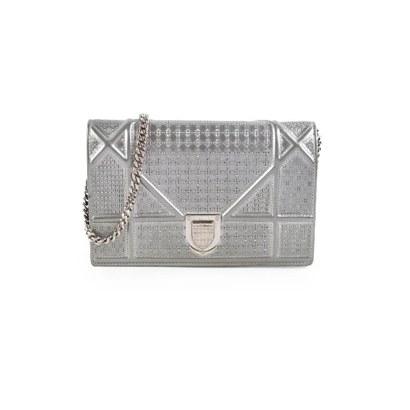 Christian Dior Small Micro Cannage Wallet On Chain Metallic Silver