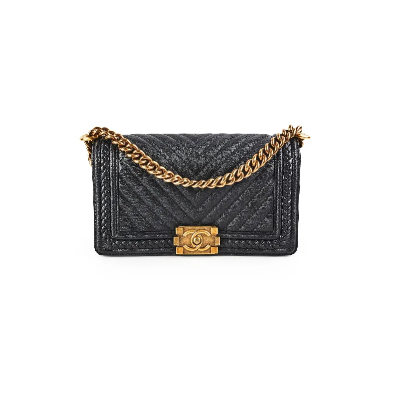 Chanel Old Medium Boy Caviar Chevron Black