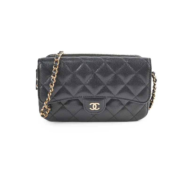 Chanel Double Side Phone Holder Caviar Cossbody Bag Black Microchipped