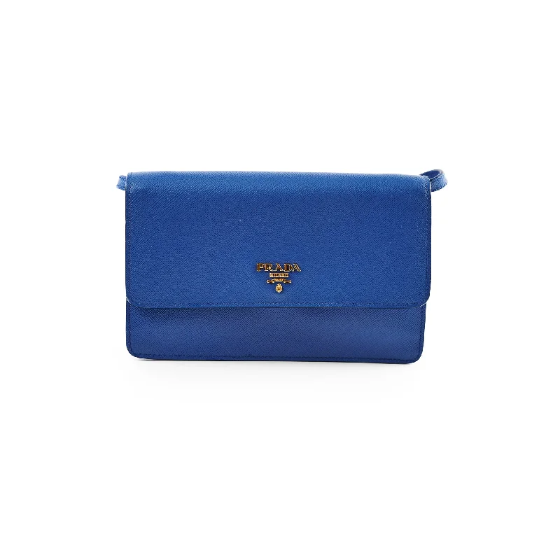 Prada Saffiano Leather Crossbody Wallet with Strap Blue