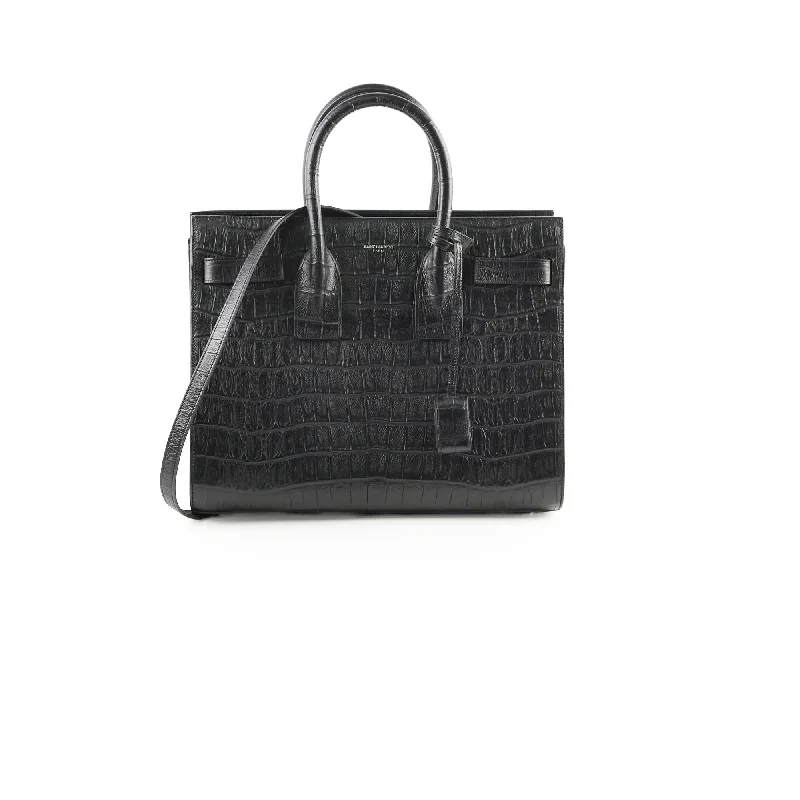 Saint Laurent Sac De Jour Small Croc Embossed Black Bag