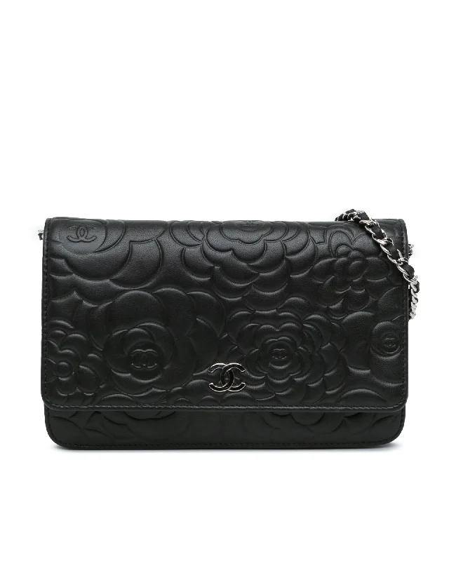 Lambskin Embossed Wallet On Chain with Quilted Leather and Chain Strap