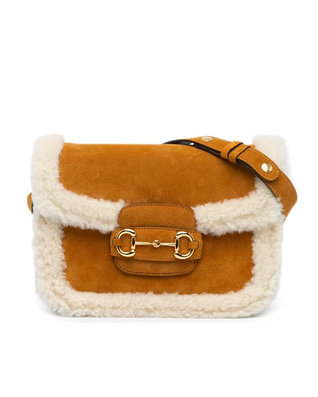 Shearling Trimmed Suede Horsebit Crossbody Bag with Interior Pockets