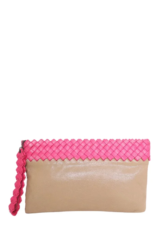 Bottega Veneta Brown/Pink Intrecciato-Trimmed Leather Wristlet Clutch