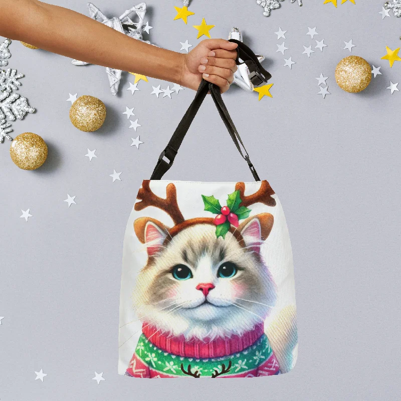 Cat Reindeer - Christmas Sweater - Adjustable Strap Tote Bag