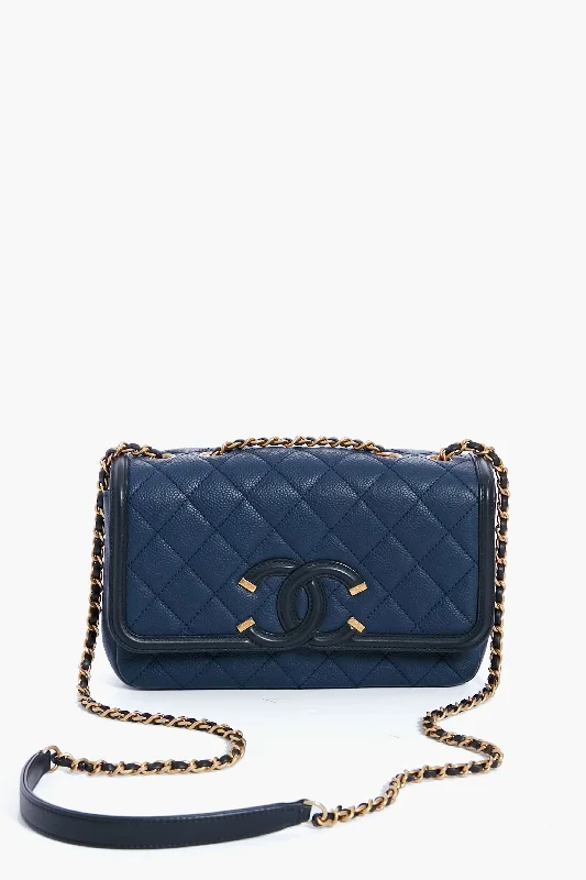 CHANEL Black and Navy Filigree Flap Shoulder Bag