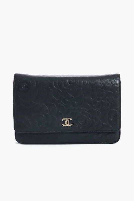 CHANEL Black Camellia Leather Wallet On Chain