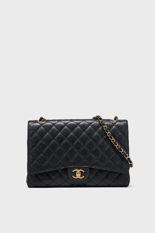 CHANEL Black Caviar Quilted Maxi Double Flap Shoulder Bag