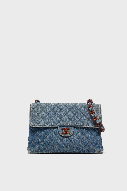 CHANEL Denim and Tortoise Vintage Quilted Jumbo Flap Bag