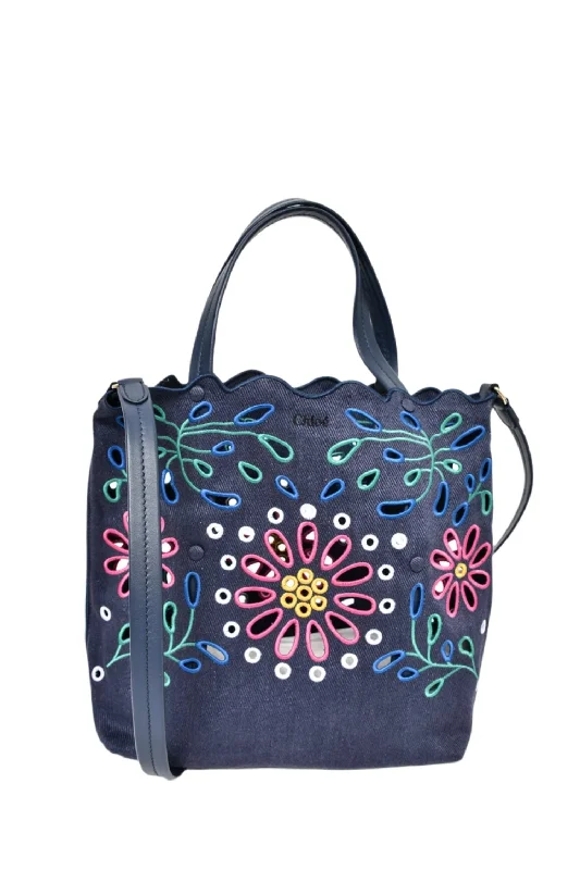 Chloe Navy Blue/Pink Linen Floral Perforated 'Kamila' Tote with Strap