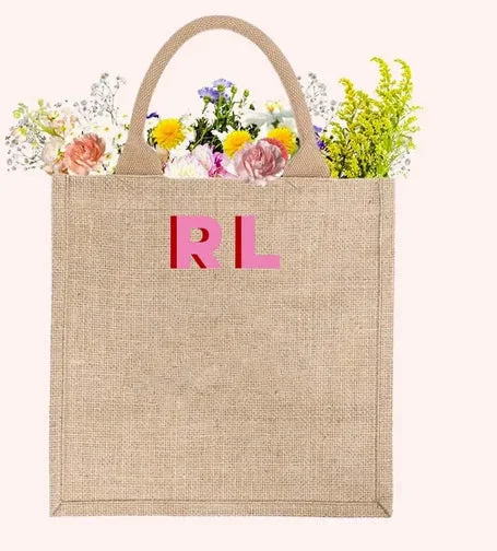 Double Initials Medium Personalized Waterproof Burlap Tote - Cream Trim