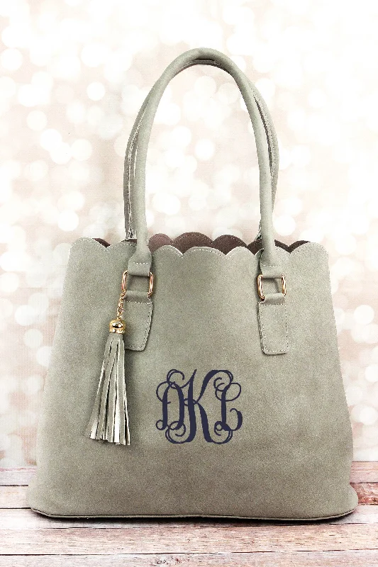 Gray Faux Leather Scalloped Tote