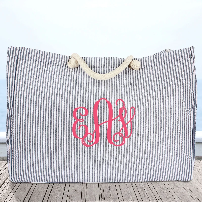 Large Navy Striped Seersucker Shoulder Tote