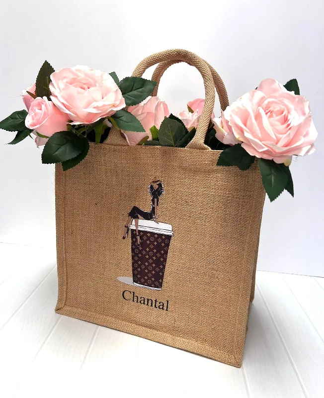 Medium Personalized Waterproof Burlap Tote - Cappuccino Collection