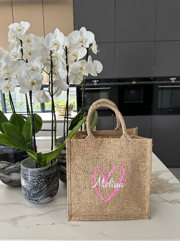 Medium Personalized Waterproof Burlap Tote - Pink Heart