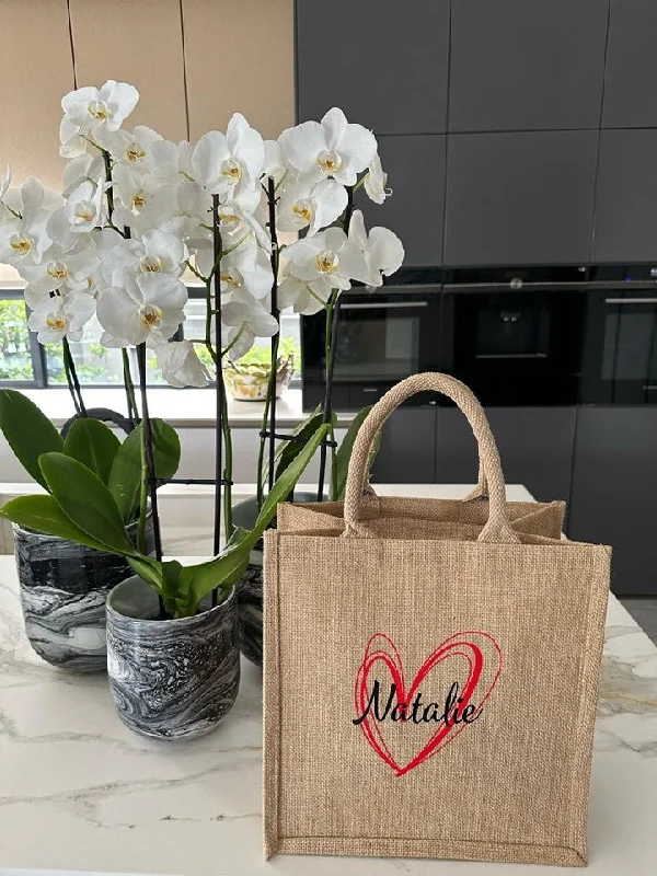 Medium Personalized Waterproof Burlap Tote - Red Heart