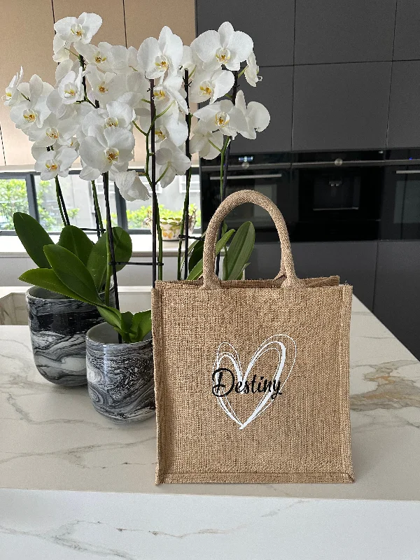 Medium Personalized Waterproof Burlap Tote - White Heart