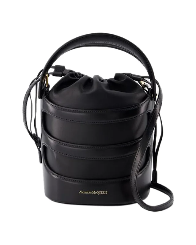 Black Leather Rise Bag with Drawstring Closure