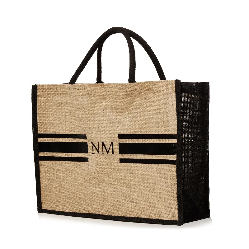 Nautical Large Personalized Waterproof Burlap Tote - Black