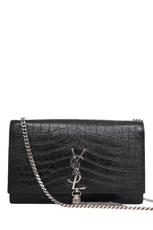 Saint Laurent Black Croc Embossed Medium Kate Crossbody