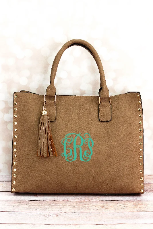 Taupe Brown Faux Leather Studded 2-in-1 Tassel Tote