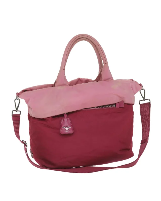 Reversible Pink Nylon Hand Bag with Shoulder Strap