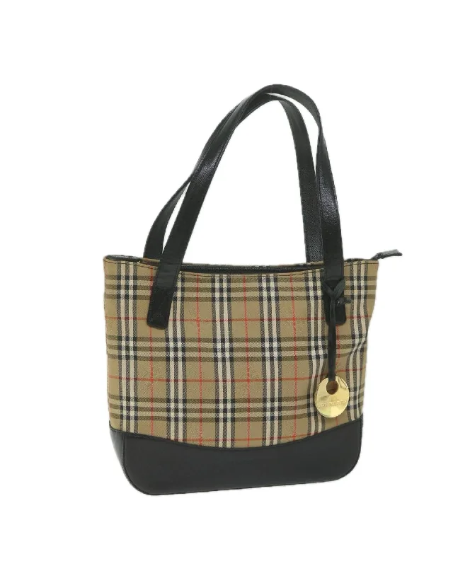 Beige Nylon and Leather Hand Bag with Iconic Check Print