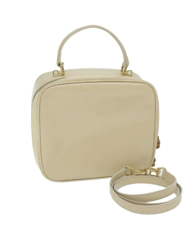 Beige Patent Leather 2-Way Handbag with Shoulder Strap