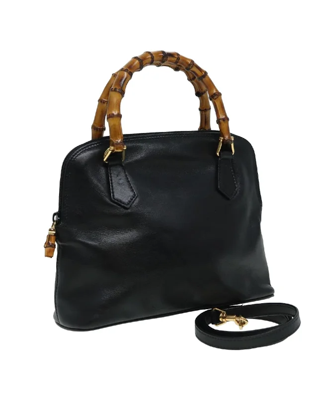 Bamboo Leather 2-Way Hand Bag with Shoulder Strap