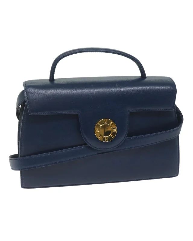 Navy Leather 2-way Hand Bag with Shoulder Strap