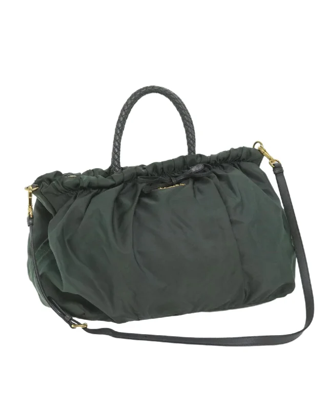 Khaki Nylon 2-way Hand Bag with Shoulder Strap