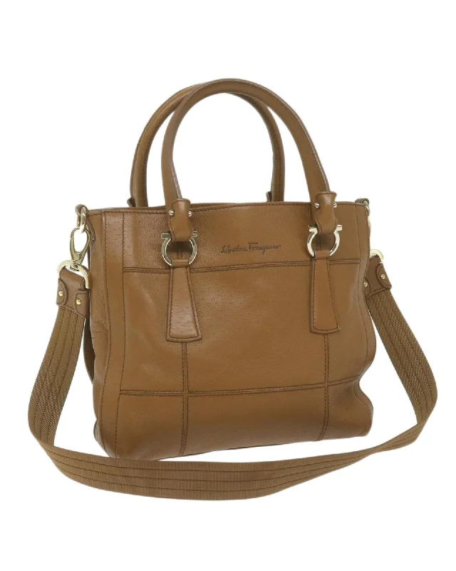 Brown Leather Gancini 2way Hand Bag by Italian Designer