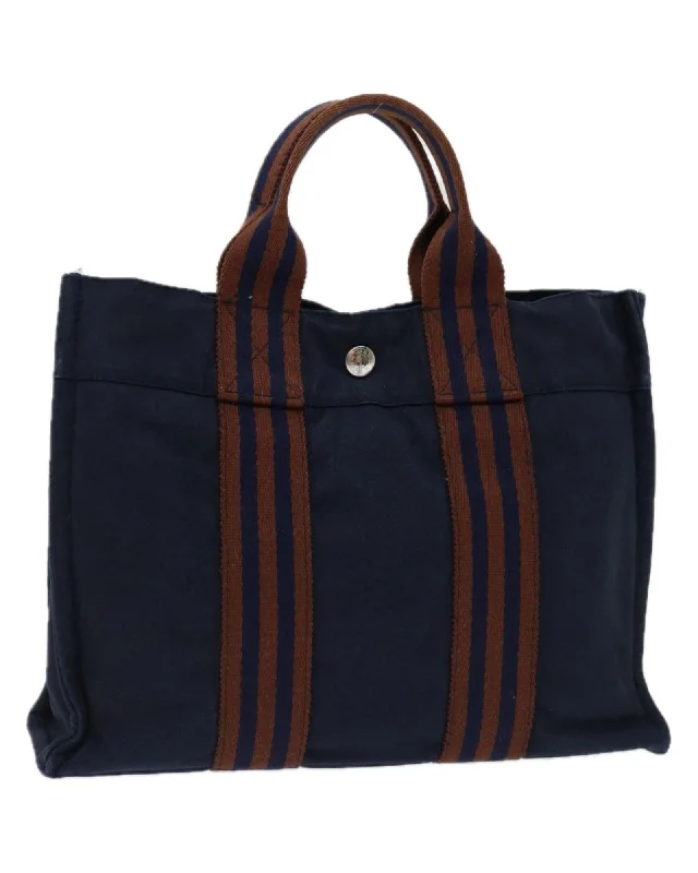 Canvas Navy Brown Fourre ToutPM Hand Bag by HERMES