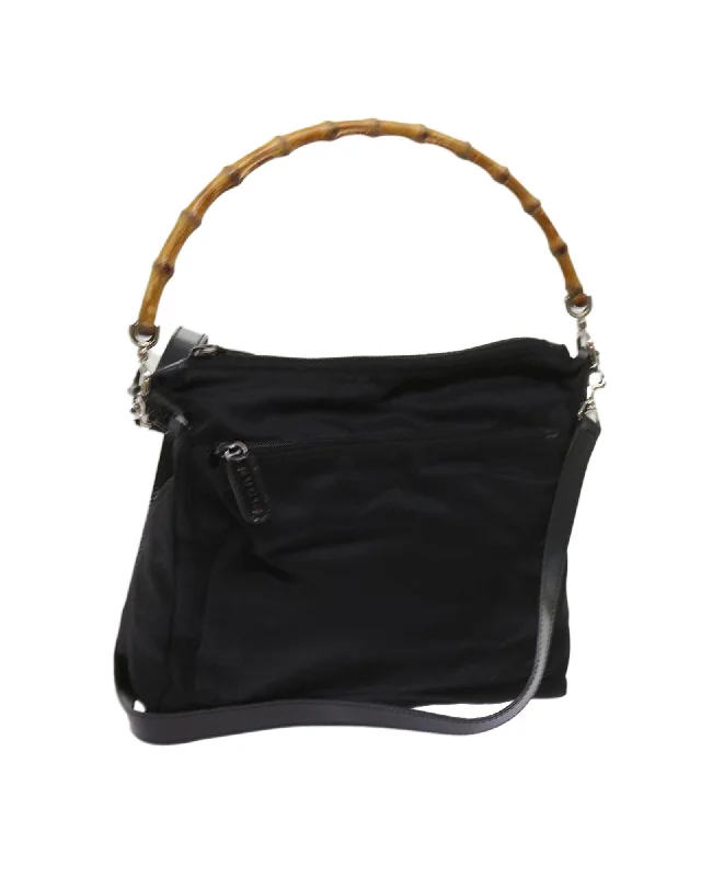 Black Nylon Bamboo Hand Bag with Shoulder Strap - Italy Made