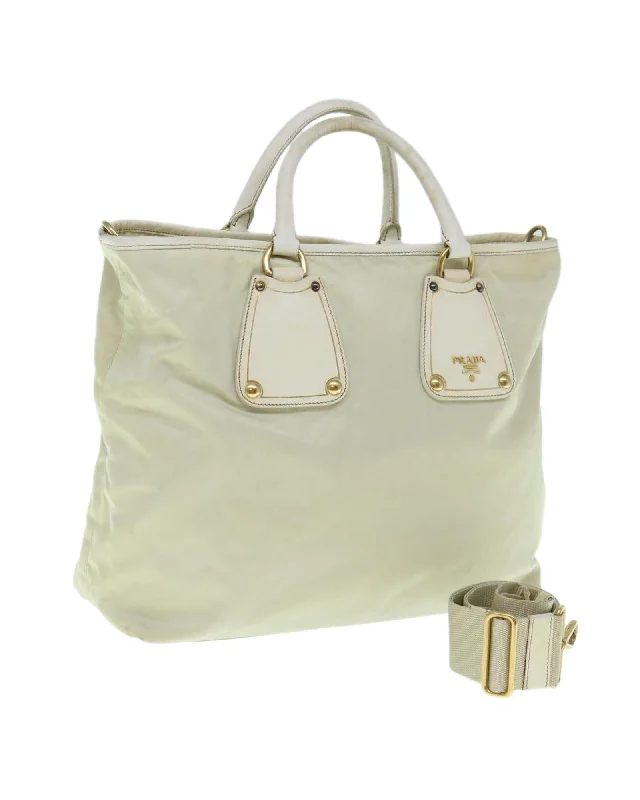 Beige Nylon 2way Hand Bag with Shoulder Strap