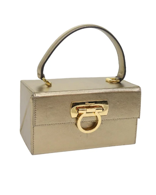 Gold Tone Leather Hand Bag with Gancini Design by Salvatore Ferragamo